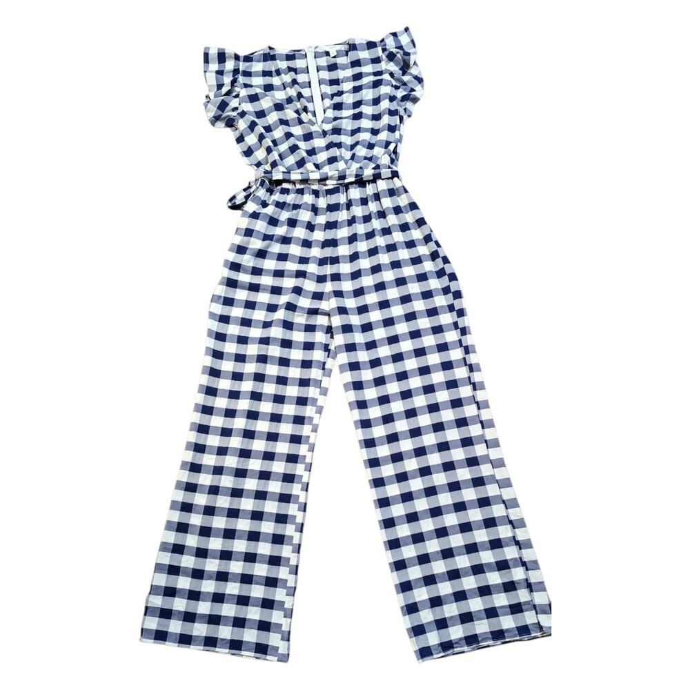 1901 Nautical Chic Coastal Casual Gingham Navy & Blue Wide Leg Jumpsuit Medium